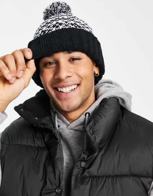 Topman – Czapka beanie z pomponem i wzorem skandynawskim z materiału w kolorze niebieskim i ecru – WHITE