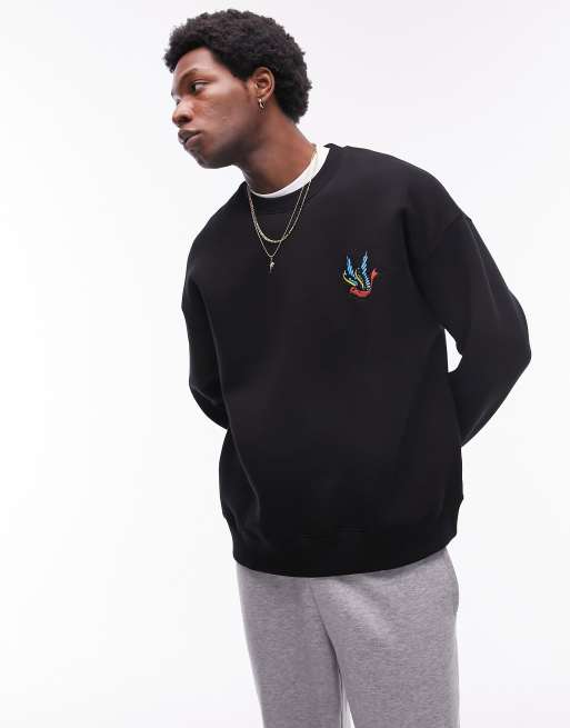 Topman – Czarna bluza oversize z haftowanym wzorem jaskółki