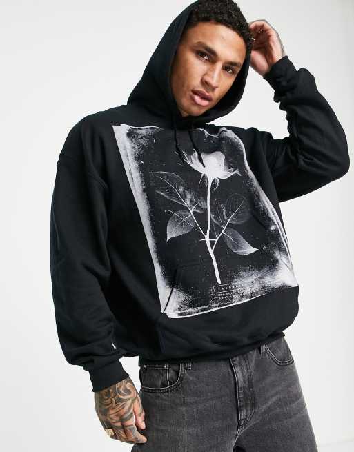 Topman – Czarna bluza oversize z kapturem z fotograficznym nadrukiem róży 