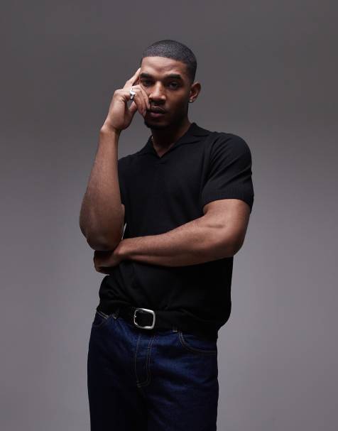 Topman short sleeve knitted open revere shirt in black