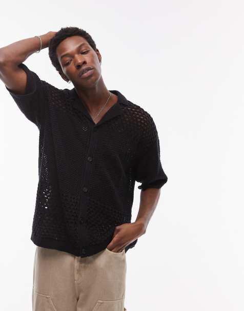 Topman open knit pattern polo in black