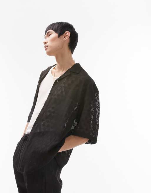 Topman – Czarna koronkowa koszula o luźnym kroju z krótkim rękawem w kwiatowy wzór