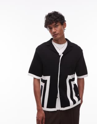 Topman – Czarna koszula o luźnym kroju z dzianiny we wzór - view 1