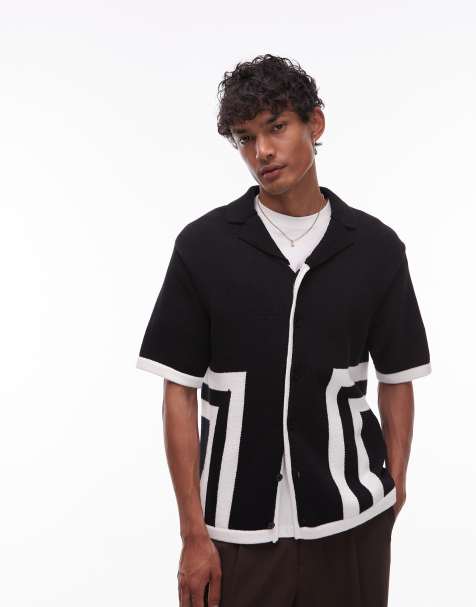 Topman relaxed fit knitted shirt with border design in black