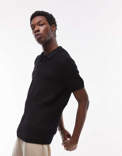 Topman – Czarna koszulka dzianinowa polo w szydełkowany wzór - view 1