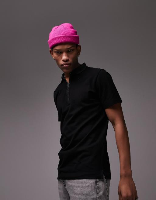 Topman – Czarna koszulka polo z piki z zamkiem pod szyją i kontrastową taśmą przy plisie