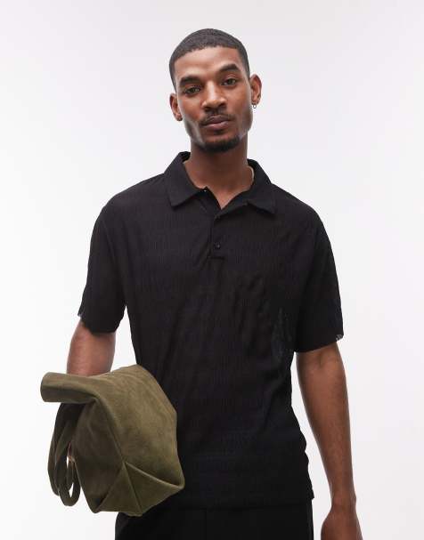 Topman relaxed fit plisse polo in black