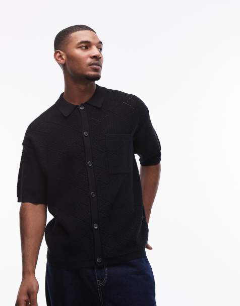 Topman knitted pattern crochet shirt with pocket detail in black