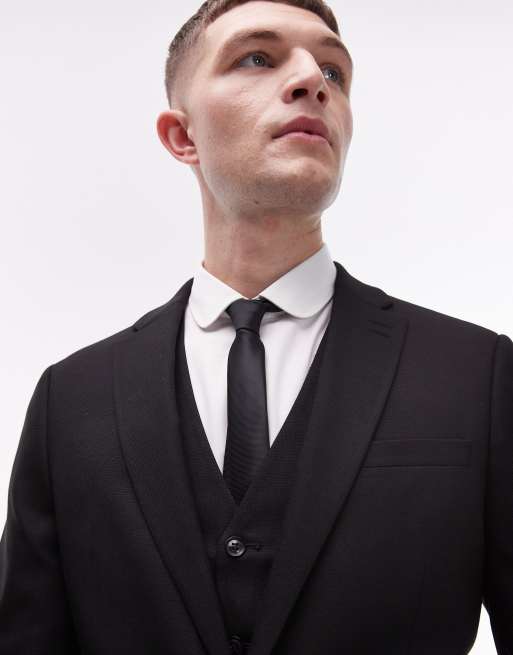 Topman – Czarna teksturowana kurtka garniturowa o bardzo obcisłym kroju, 3 z 5