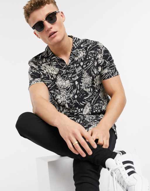 Topman – Czarna wzorzysta koszula z krótkim rękawem