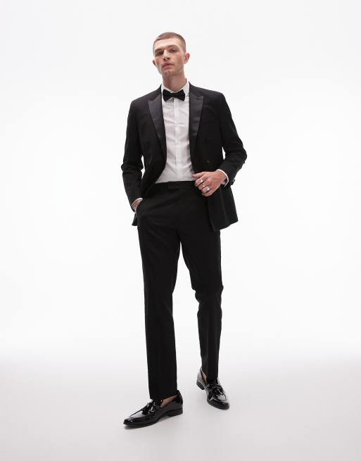 Topman – Czarne, dopasowane spodnie smokingowe premium z domieszką wełny