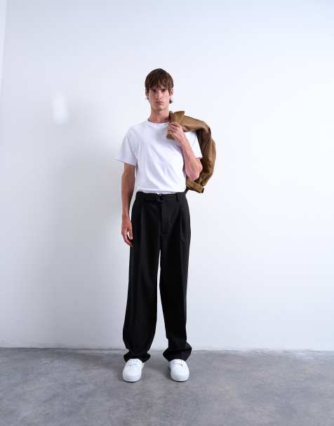 Topman wide leg belted twill smart trousers in black