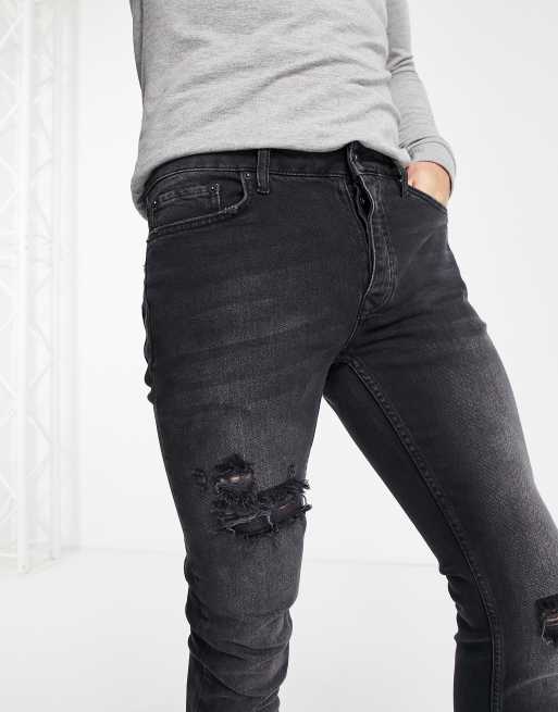 Topman – Czarne obcisłe elastyczne jeansy z rozdarciami i efektem sprania , 4 z 4