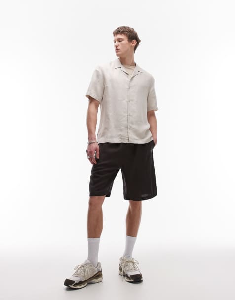 Topman wide leg linen short in black