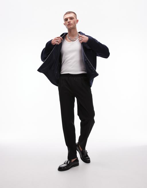 Topman – Czarne, zwężane spodnie smokingowe premium z elastyczną talią i domieszką lnu