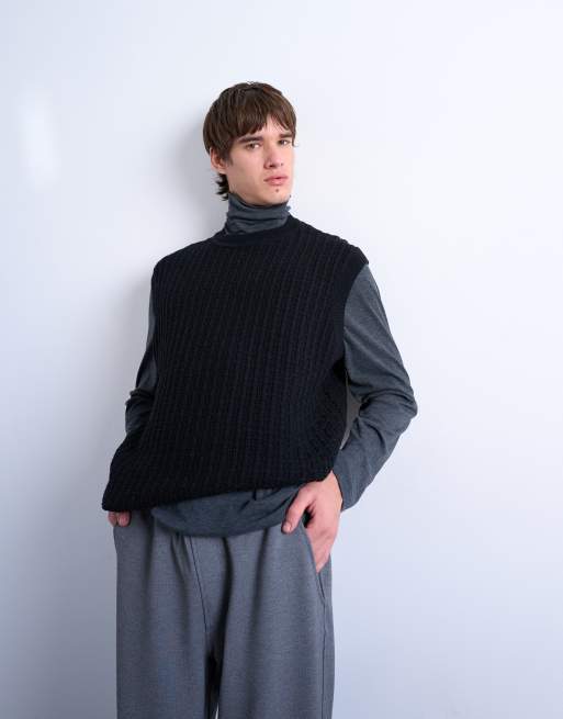 Topman – Czarny dzianinowy top bez rękawów o luźnym kroju z dzianiny o warkoczowym splocie