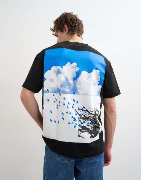 Topman – Czarny luźny T-shirt z nadrukiem ptaków z przodu i z tyłu - view 1