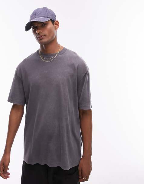 Topman – Czarny prążkowany T-shirt oversize z efektem sprania - view 1