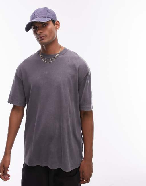 Topman – Czarny prążkowany T-shirt oversize z efektem sprania