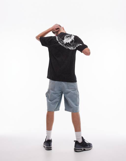 Topman – Czarny sprany T-shirt extreme oversize z nadrukiem z motywem anioła z przodu i z tyłu