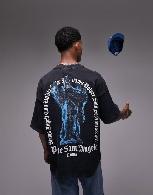 Topman – Czarny T-shirt extreme oversize z efektem sprania i nadrukiem z napisem „Sant Angelo” z przodu i na plecach