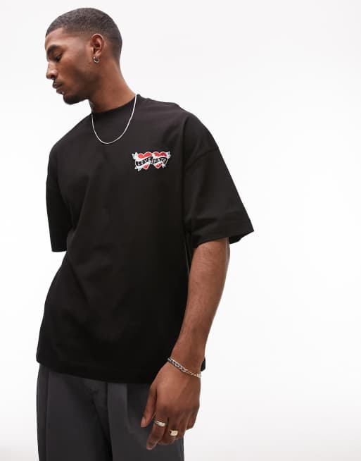 Topman – Czarny T-shirt o fasonie extreme oversize z tatuażowym haftem z przodu i na plecach