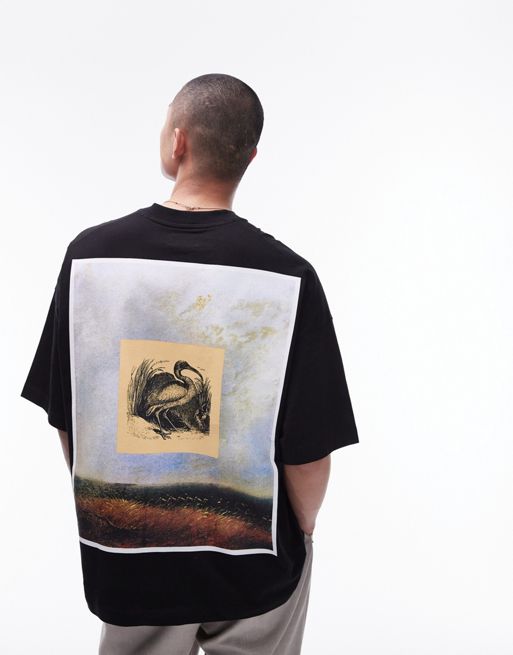Topman – Czarny T-shirt o kroju extreme oversize z nadrukiem ptaka w trzcinie z przodu i z tyłu