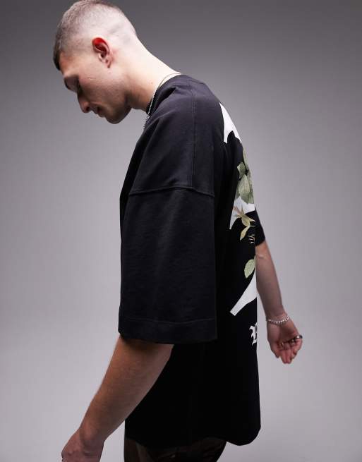 Topman – Czarny T-shirt o kroju extreme oversize z nadrukiem „Rituals“ z motywem kwiatowym