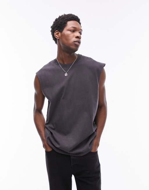 Topman – Czarny T-shirt o luźnym kroju bez rękawów z efektem sprania w stylu vintage