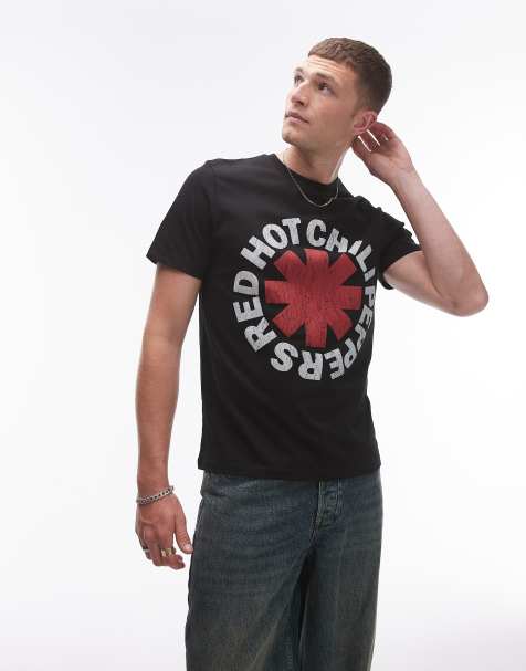Topman – Czarny T-shirt o regularnym kroju z efektem sprania i nadrukiem z motywem zespołu Red Hot Chili Peppers - view 1