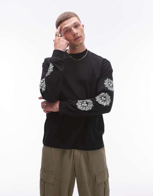 Topman – Czarny T-shirt oversize z długimi rękawami i nadrukiem słońc na rękawach