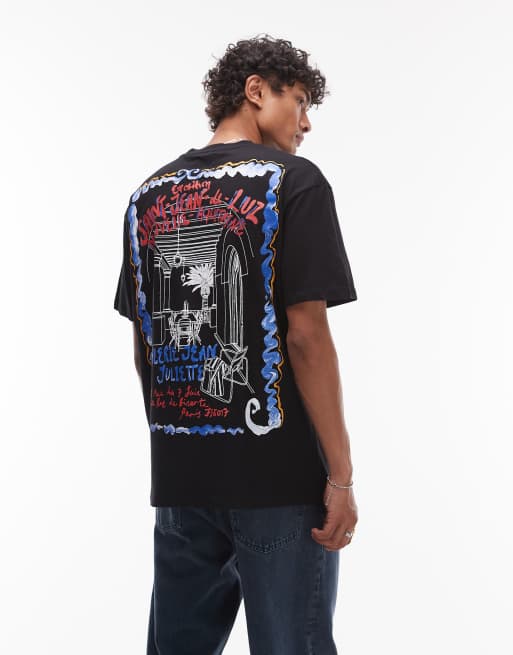 Topman – Czarny T-shirt oversize z nadrukiem francuskiego plakatu z przodu i z tyłu
