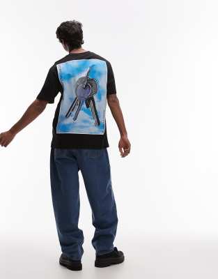Topman – Czarny T-shirt oversize z nadrukiem kluczy z przodu i z tyłu - view 1