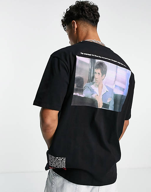 Topman – Czarny T-shirt oversize z nadrukiem z filmu „Człowiek z blizną”