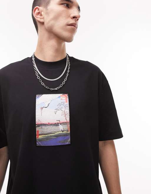 Topman – Czarny T-shirt oversize z nadrukiem z motywem żurawia w ramce