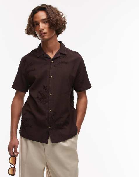 Topman short sleeve hand embroidered shirt in chocolate