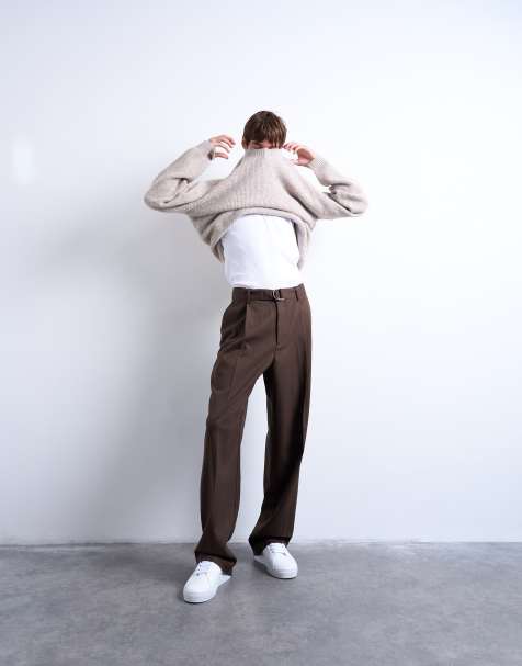 Topman wide leg belted twill smart trousers in chocolate