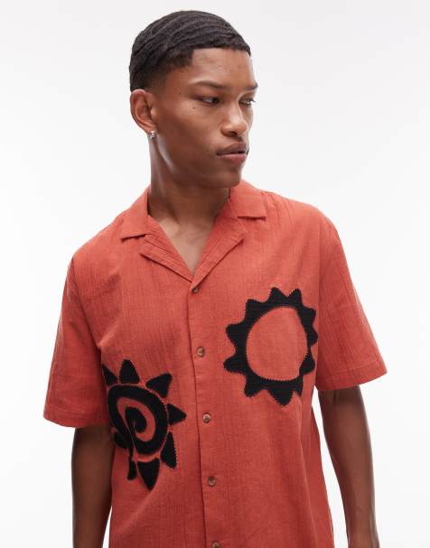 Topman short sleeve embroidered sun shirt in red