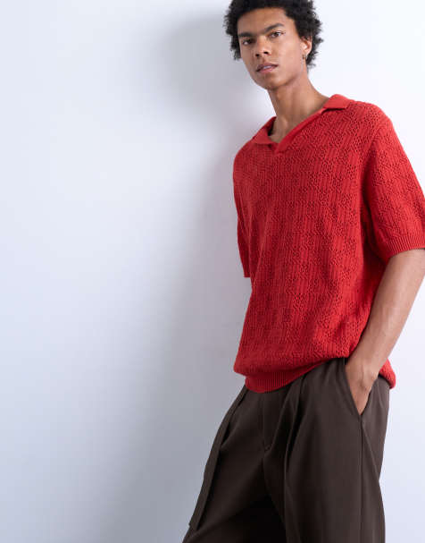 Topman knitted check crochet polo in red