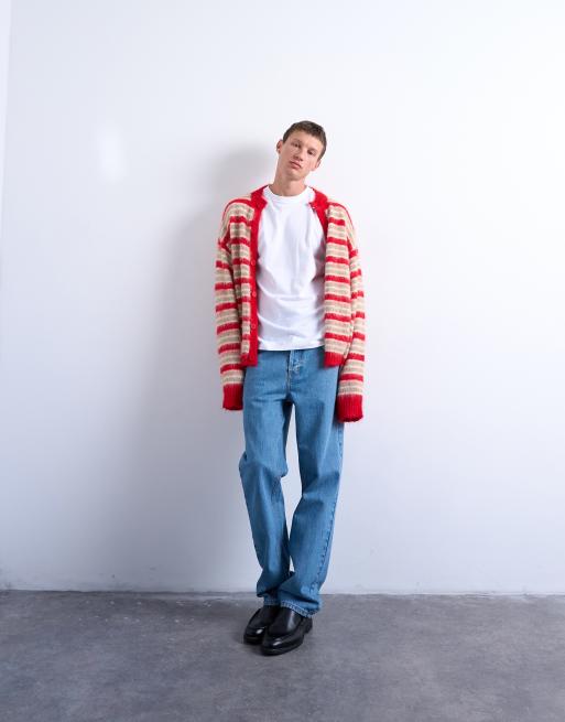 Topman – Czerwony kardigan z puszystej dzianiny w paski z okrągłym dekoltem, 2 z 5
