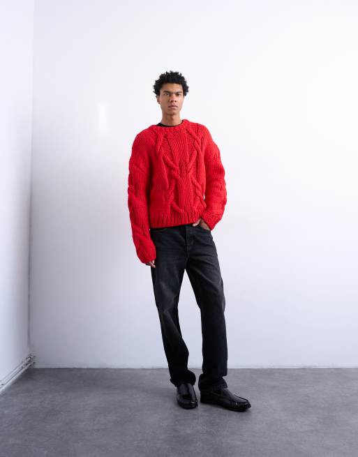 Topman – Czerwony sweter o regularnym kroju z dzianiny o warkoczowym splocie, 3 z 5