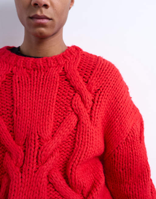 Topman – Czerwony sweter o regularnym kroju z dzianiny o warkoczowym splocie, 4 z 5