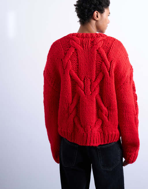 Topman – Czerwony sweter o regularnym kroju z dzianiny o warkoczowym splocie, 5 z 5