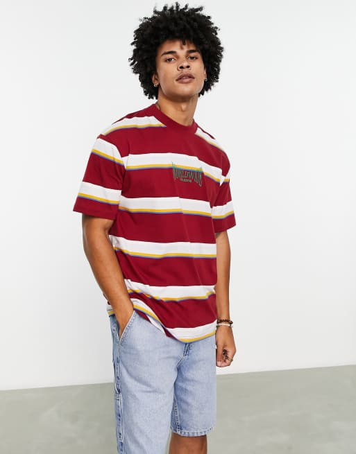 Topman – Czerwony T-shirt oversize w paski z wyhaftowanym napisem „Worldwide”