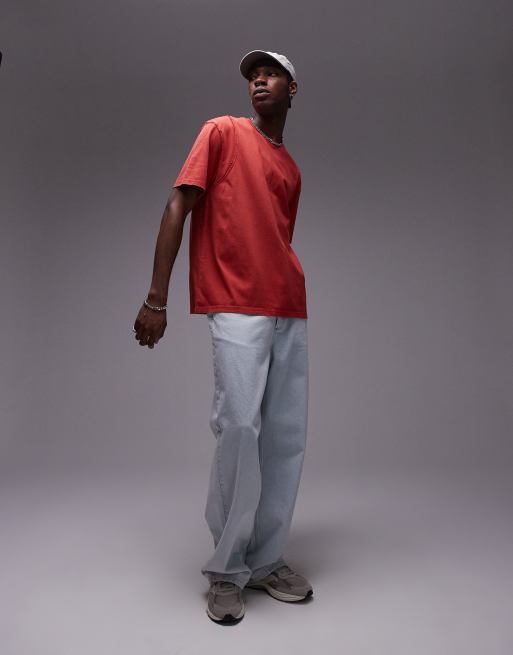 Topman – Czerwony T-shirt oversize z ozdobnymi szwami w kolorze spranej czerwieni