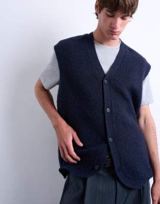 Topman - Débardeur boutonné oversize en maille - Bleu marine