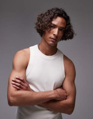 Topman - Débardeur côtelé ajusté à col montant - Écru-Blanc