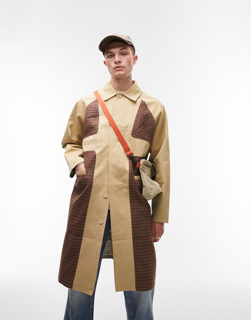 Topman deconstructed mac with check panel in stone-Neutral