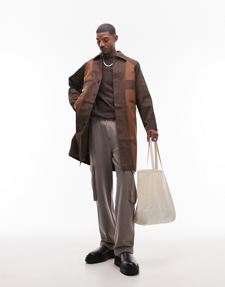 Topman deconstructed mac with contrast panel in brown-Neutral