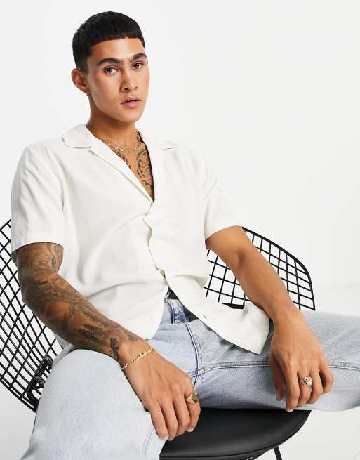 Topman deep v viscose textured shirt in ecru  , 3 of 4